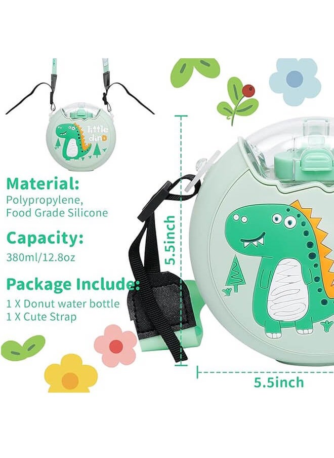 Riolio 380ml Donut Water Bottle with Straw for Kids, BPA Free & Leak Proof Sports Cup with Straw, Toddler Drink Bottle with Shoulder Strap for Outdoor and School (Dinosaur)  - Image 3