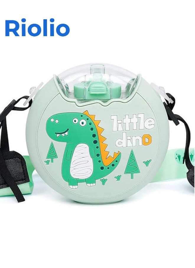 Riolio 380ml Donut Water Bottle with Straw for Kids, BPA Free & Leak Proof Sports Cup with Straw, Toddler Drink Bottle with Shoulder Strap for Outdoor and School (Dinosaur)  - Image 1