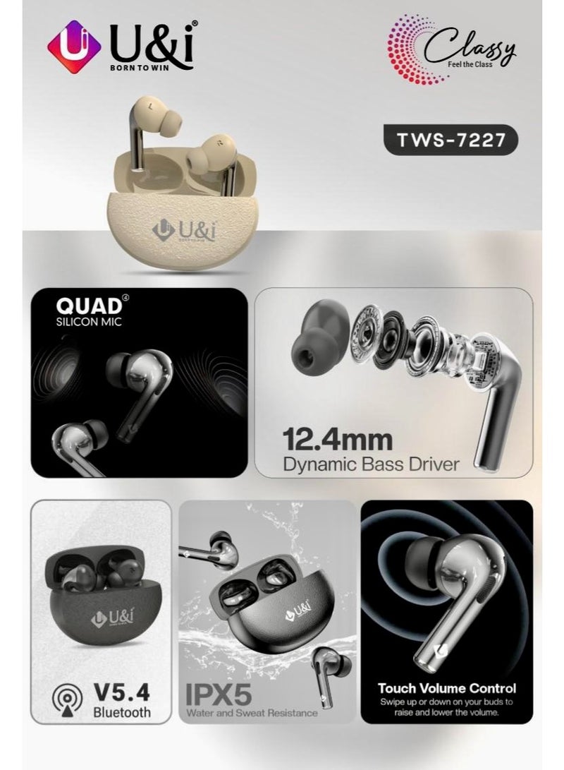 يو اند اي سماعات أذن لاسلكية بلوتوث 5.4 يو آند آي (U&i TWS-7227) - سلسلة Classy، 40 ساعة تشغيل، ميكروفون رباعي، صوت عالي الدقة، تحكم باللمس وشحن تايب سي - سماعات رياضية لألعاب الفيديو والرياضة - Image 2