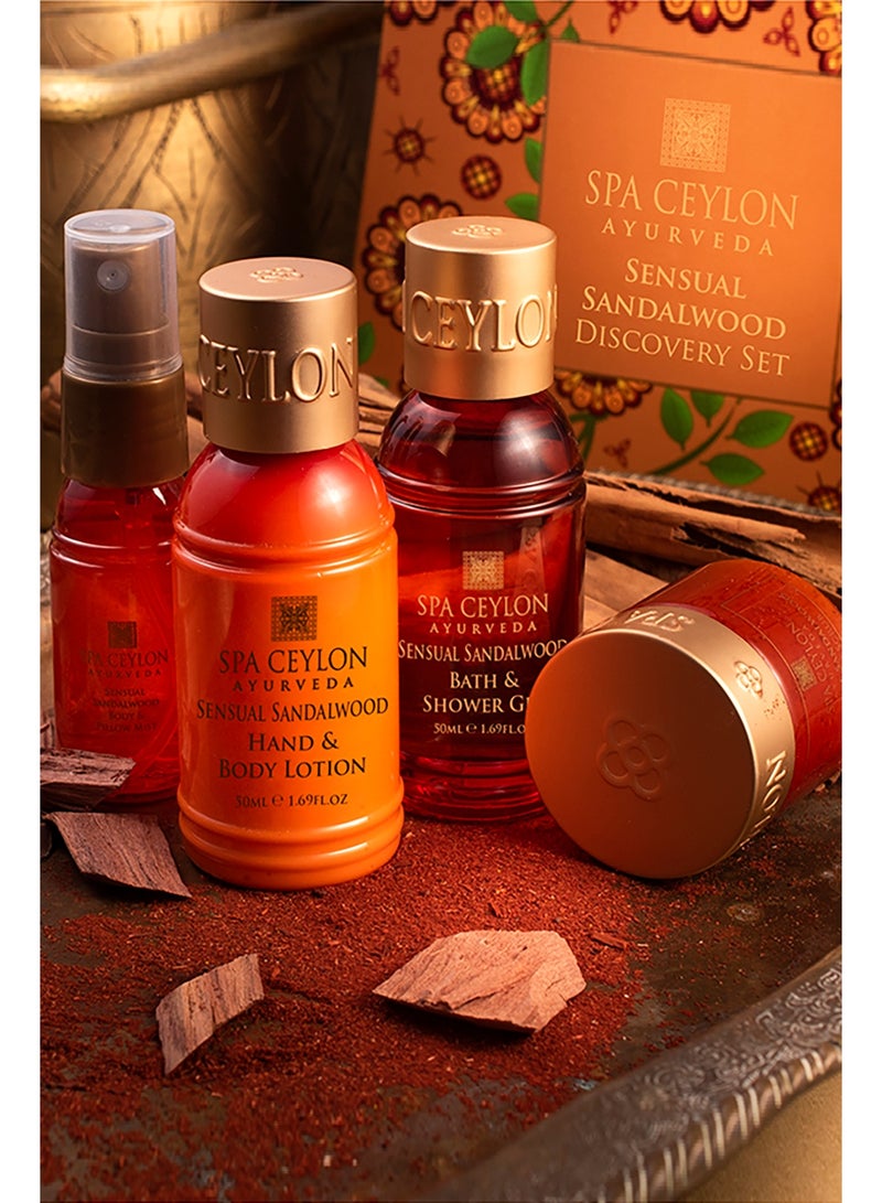 SPA CEYLON Sensual Sandalwood Discovery Set | Travel Size Body Care Set for All Skin Types | Body & Pillow Mist 20ml, Bath & Shower Gel 50ml, Body Lotion 50ml, Body Scrub 30g | Gift Set - Image 4