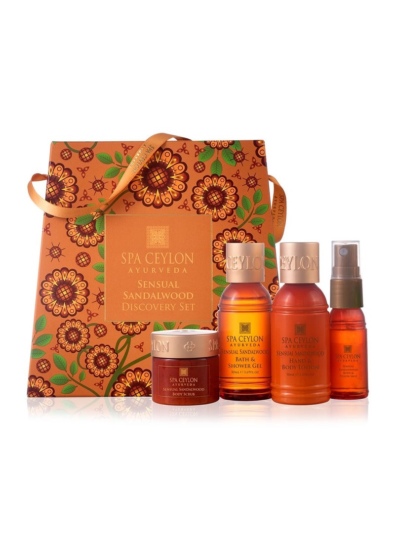 SPA CEYLON Sensual Sandalwood Discovery Set | Travel Size Body Care Set for All Skin Types | Body & Pillow Mist 20ml, Bath & Shower Gel 50ml, Body Lotion 50ml, Body Scrub 30g | Gift Set - Image 1