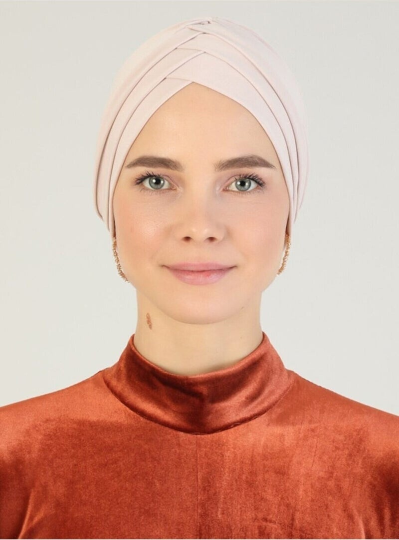 Naciye Sultan Hijab Cross Sea Bonnet Three-Striped Ready-made Headscarf Beige - Image 1