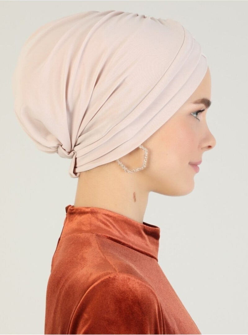 Naciye Sultan Hijab Cross Sea Bonnet Three-Striped Ready-made Headscarf Beige - Image 3