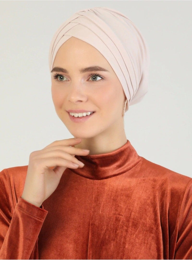 Naciye Sultan Hijab Cross Sea Bonnet Three-Striped Ready-made Headscarf Beige - Image 2