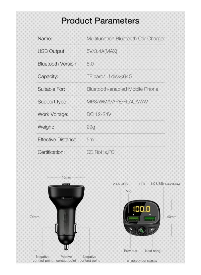 Generic - Dual USB Bluetooth FM Car Transmitter, Transmitter with LED Car Voltage Display Handsfree Bluetooth Car Radio Adapter MP3 Player Car Kit Car Audio Adapter for TF Card/USB Flash Drive - Image 1