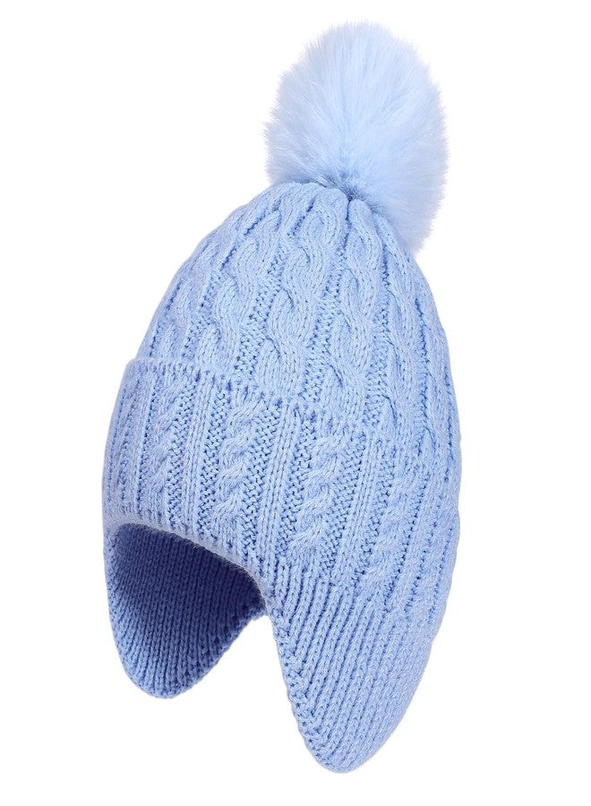 MEJORMEN Toddler Baby Winter Hat with Earflap Kids Warm Twisted Knit Beanie with Pom Pom Kids Ski Hat for Infant Girls Boys Blue - Image 1