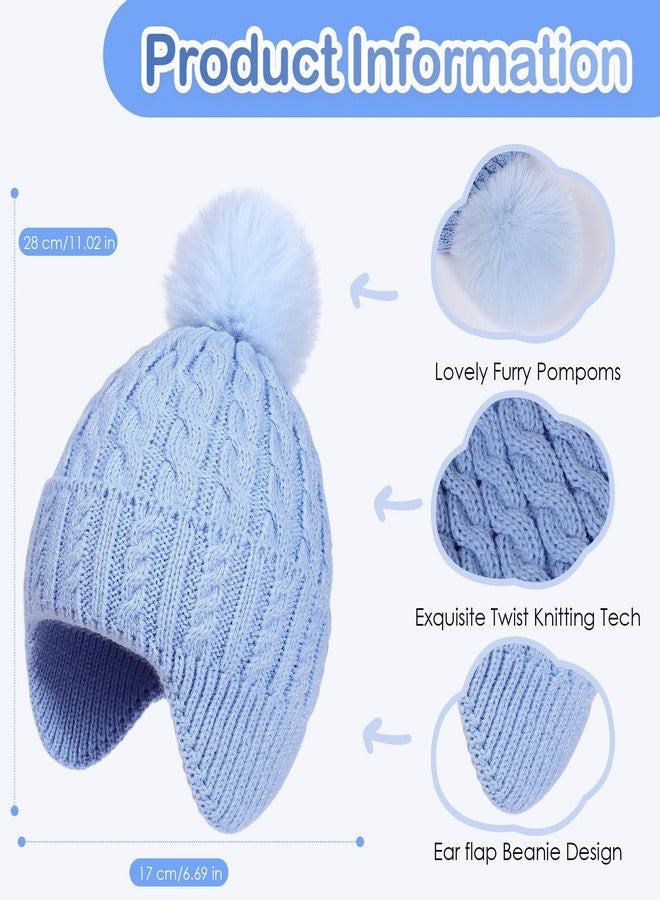 MEJORMEN Toddler Baby Winter Hat with Earflap Kids Warm Twisted Knit Beanie with Pom Pom Kids Ski Hat for Infant Girls Boys Blue - Image 4