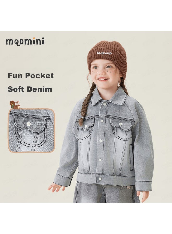 Mqdmini Kids Denim Jacket Uni Baby Outdoor Casual Versatile Infant Top With Asymmetrical Pockets - Image 1