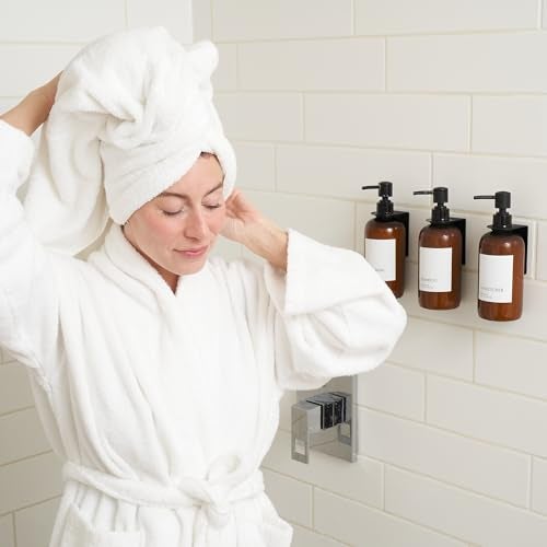 KIBAGA Stylish Shampoo and Conditioner Dispenser Set of 3 for Wall Mount - Modern Drill Free 21oz Shower Soap Bottles with Labels - Easy Refill Body Wash Dispensers for an Instant Bathroom Decor Upgrade - Image 3