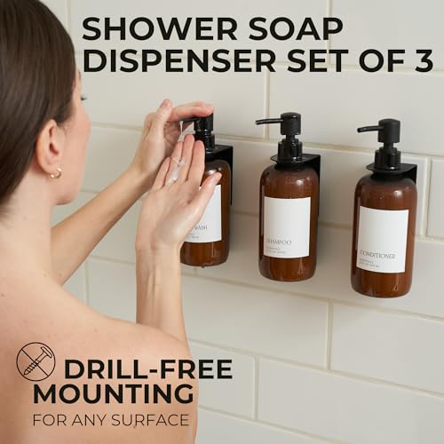 KIBAGA Stylish Shampoo and Conditioner Dispenser Set of 3 for Wall Mount - Modern Drill Free 21oz Shower Soap Bottles with Labels - Easy Refill Body Wash Dispensers for an Instant Bathroom Decor Upgrade - Image 2