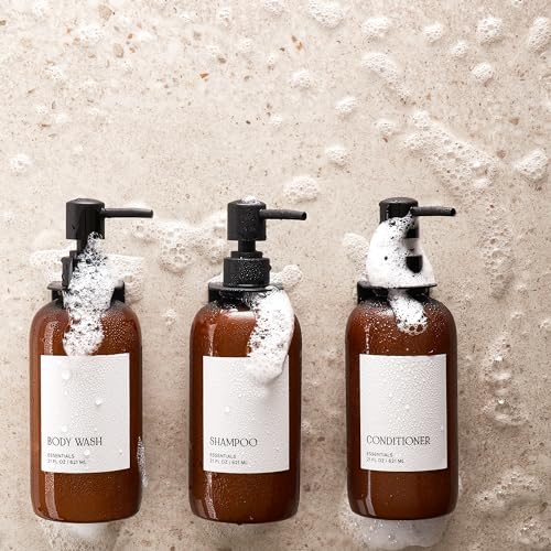 KIBAGA Stylish Shampoo and Conditioner Dispenser Set of 3 for Wall Mount - Modern Drill Free 21oz Shower Soap Bottles with Labels - Easy Refill Body Wash Dispensers for an Instant Bathroom Decor Upgrade - Image 5