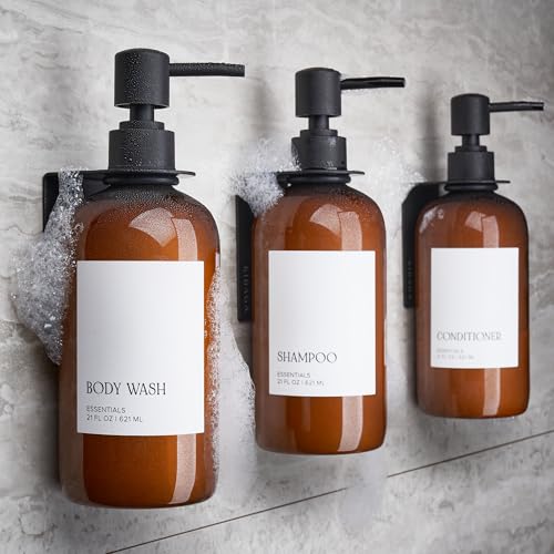 KIBAGA Stylish Shampoo and Conditioner Dispenser Set of 3 for Wall Mount - Modern Drill Free 21oz Shower Soap Bottles with Labels - Easy Refill Body Wash Dispensers for an Instant Bathroom Decor Upgrade - Image 1