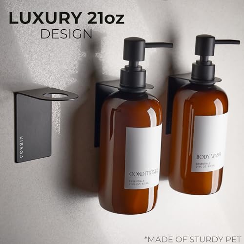 KIBAGA Stylish Shampoo and Conditioner Dispenser Set of 3 for Wall Mount - Modern Drill Free 21oz Shower Soap Bottles with Labels - Easy Refill Body Wash Dispensers for an Instant Bathroom Decor Upgrade - Image 4