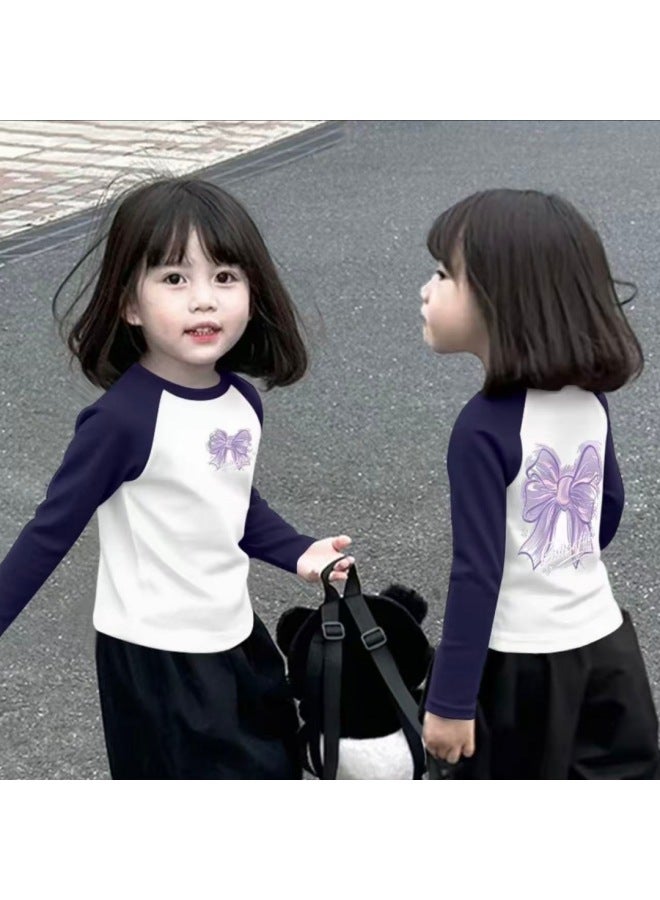 Girls Spring And Autum Pure Cotton Long-sleeved T-shirt New Medium And Large Children's Round Neck Color Matching Sweet And Cute Bottoming Shirt - Image 1