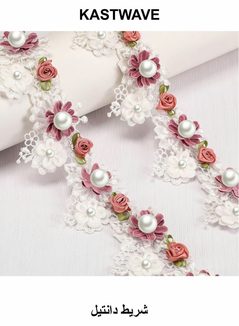 KASTWAVE Flower Pearl Beads Lace Edge Trim Ribbon, 5.5 cm Width Vintage Style Trim Ribbon (1 Meter) - Image 1