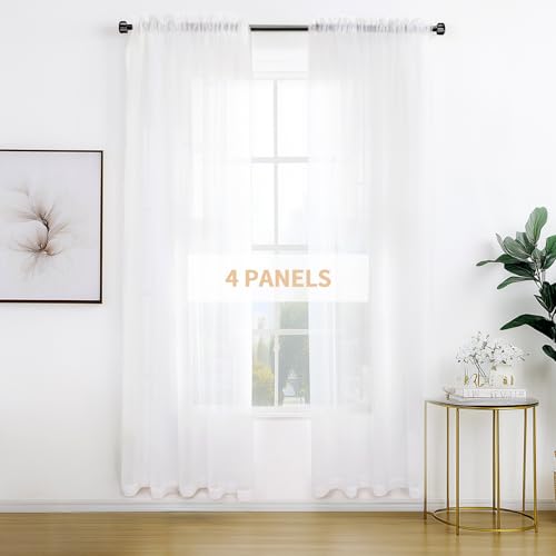Anjee White Sheer Curtains 96 inches Long 4 Panels Rod Pocket Voile Sheer Christmas Curtains Privacy Protection Translucency Window Drapes for Living Room Bedroom Dining Room Party,52 x 96 Inch - Image 1
