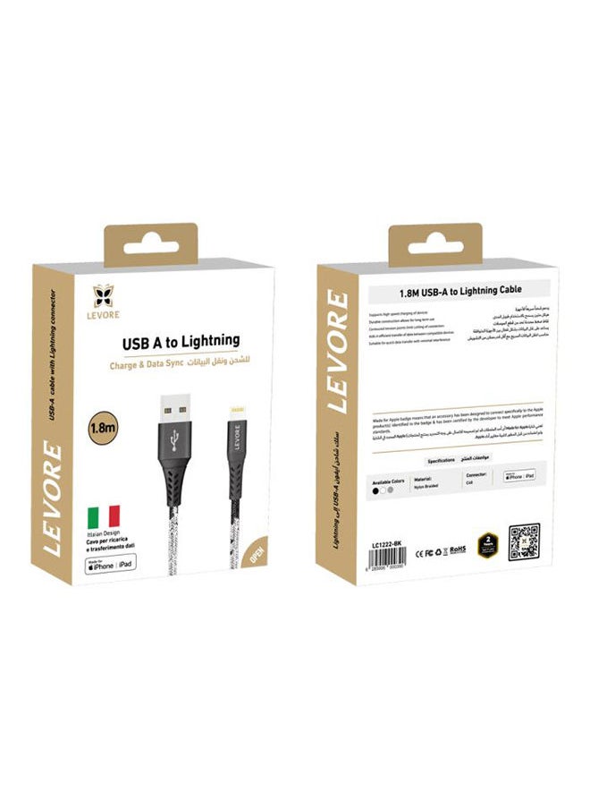 LEVORE - Levore USB to Lightning Nylon Cable MFI Certified 1.8m - Black - Image 1