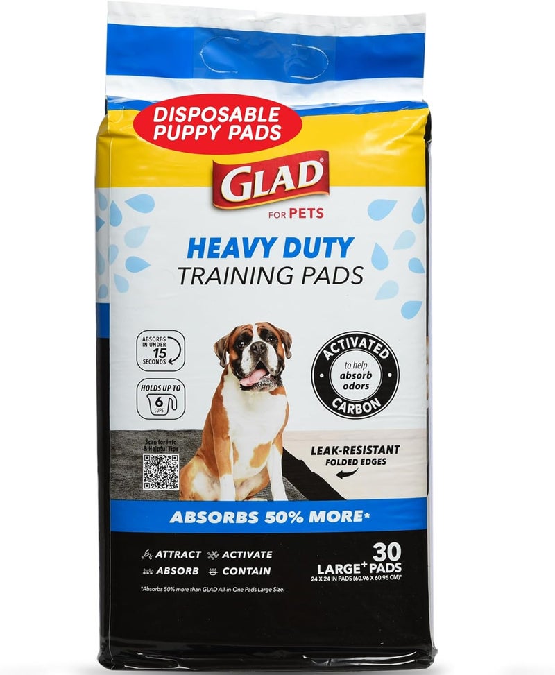 Glad for Pets Heavy Duty Activated Carbon Training Pads, 24" x 24" 30ct | Ultra Absorbent Training Pads - Absorbs 50% More Than Standard Pad in Same Size; Heavy Duty Puppy Potty Training Pads - Image 1