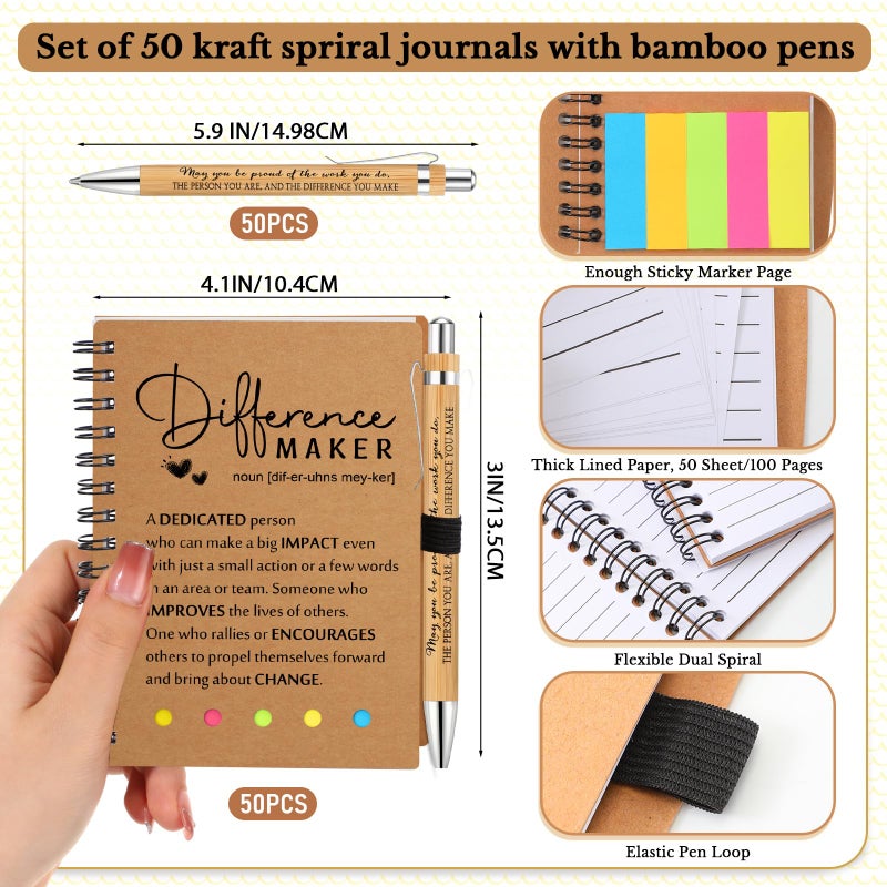 Jetec 50 Sets Inspirational Notebooks Bulk Christmas Employee Appreciation Gifts Spiral Notebook with Sticky Notepad Bamboo Pens for Xmas Thanksgiving Coworker Student Nurse Staff (Difference Maker) - Image 2