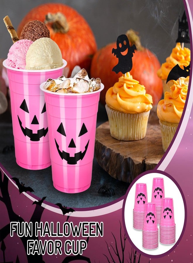 JarThenaAMCS 50 Pcs 16 oz Pink Halloween Pumpkin Plastic Cups Thick Disposable Cups Coffee Cups for Hot Cold Drinks Party Decorations Adults Supplies - Image 4