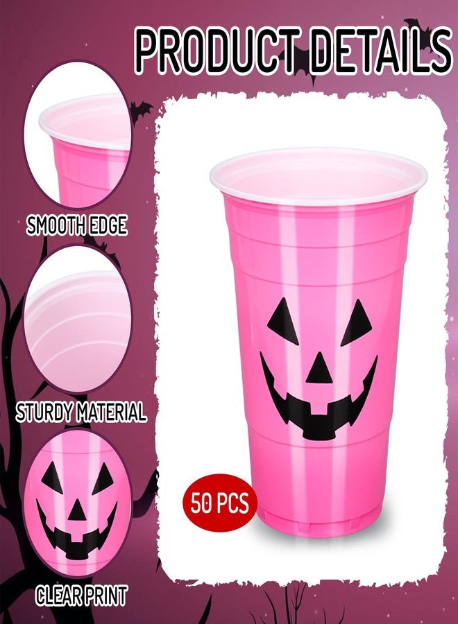 JarThenaAMCS 50 Pcs 16 oz Pink Halloween Pumpkin Plastic Cups Thick Disposable Cups Coffee Cups for Hot Cold Drinks Party Decorations Adults Supplies - Image 3