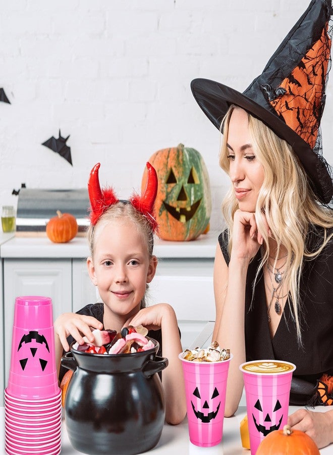 JarThenaAMCS 50 Pcs 16 oz Pink Halloween Pumpkin Plastic Cups Thick Disposable Cups Coffee Cups for Hot Cold Drinks Party Decorations Adults Supplies - Image 5