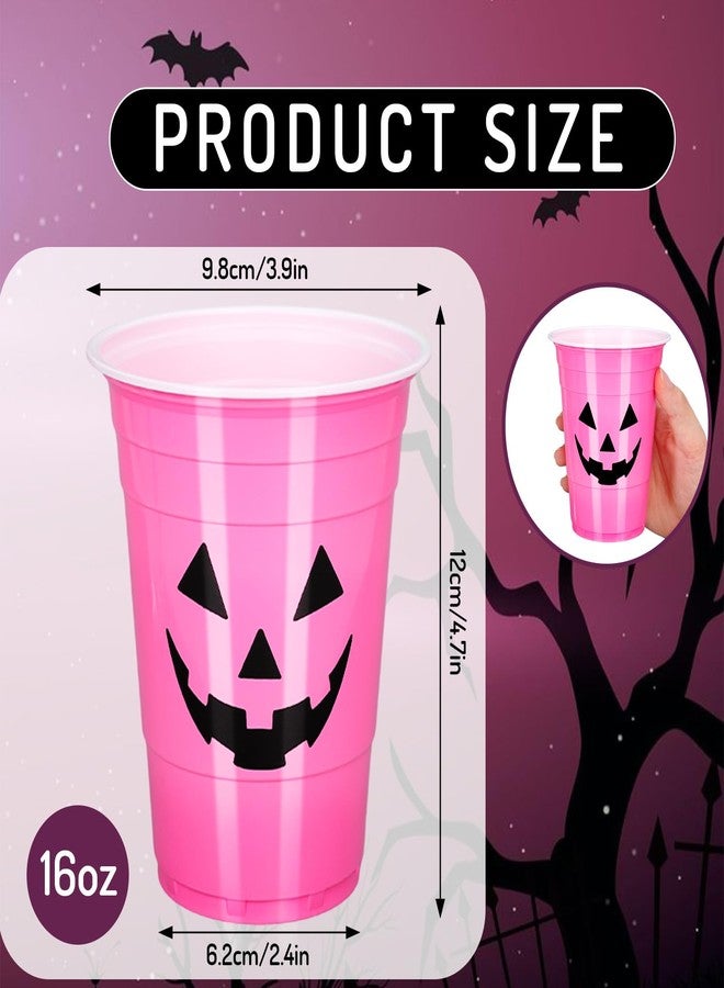 JarThenaAMCS 50 Pcs 16 oz Pink Halloween Pumpkin Plastic Cups Thick Disposable Cups Coffee Cups for Hot Cold Drinks Party Decorations Adults Supplies - Image 2