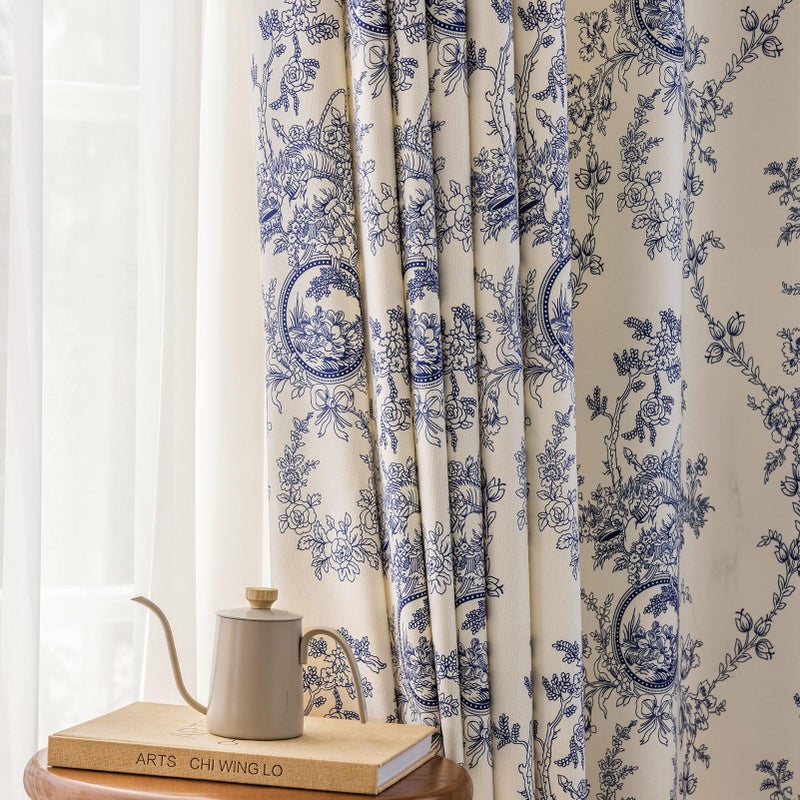 SUOUO Blue and White Floral Chenille Curtains for Living Room Printed Vintage Flower Light Filtering Window Drapes for Bedroom Dining 2 Panels 84 inches Long - Image 1