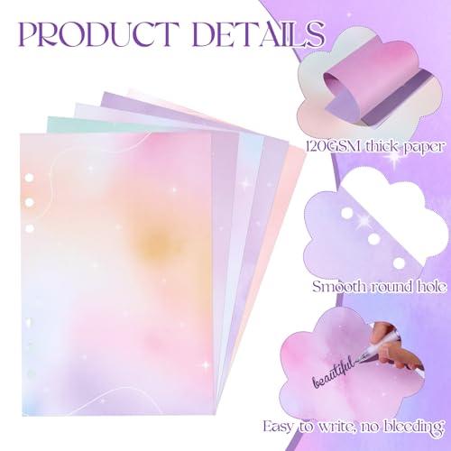 Pineraap 100 Sheets Gradient A5 Refill Papers for Planner Insert Binder, 120GSM Thick Blank Loose Leaf Paper, Watercolor 6 Hole Journal Fillers for A5 6 Ring Binder Notebook Diary Organizer Graduation - Image 3