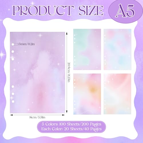 Pineraap 100 Sheets Gradient A5 Refill Papers for Planner Insert Binder, 120GSM Thick Blank Loose Leaf Paper, Watercolor 6 Hole Journal Fillers for A5 6 Ring Binder Notebook Diary Organizer Graduation - Image 2