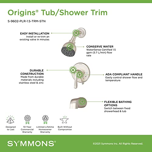 Symmons S-9602-PLR-1.5-TRM-STN Origins Single Handle 1-Spray Tub and Shower Faucet Trim in Satin Nickel - 1.5 GPM (Valve Not Included) - Image 3