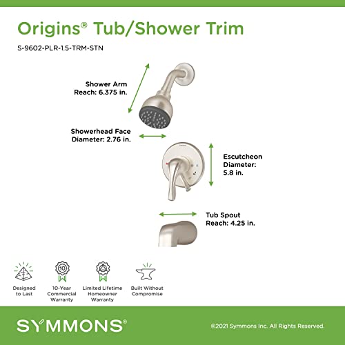 Symmons S-9602-PLR-1.5-TRM-STN Origins Single Handle 1-Spray Tub and Shower Faucet Trim in Satin Nickel - 1.5 GPM (Valve Not Included) - Image 2