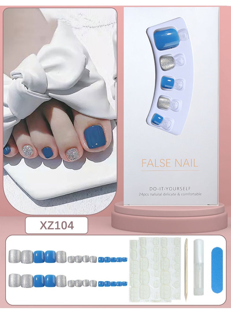 Generic 24 Pcs False Nail Set for Foot Long Lasting Stylish Chip Free Short French Press on Nail Nail Art Design for Salons DIY with Glue Nail File Nail Stick and 48 Pcs Nail Adhesive Glue - Image 1