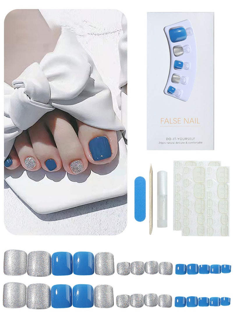 Generic 24 Pcs False Nail Set for Foot Long Lasting Stylish Chip Free Short French Press on Nail Nail Art Design for Salons DIY with Glue Nail File Nail Stick and 48 Pcs Nail Adhesive Glue - Image 5