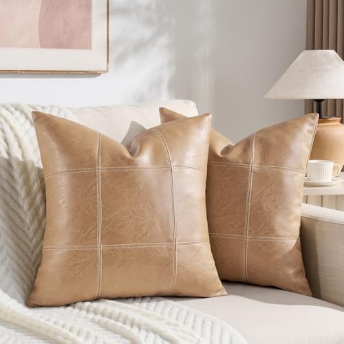 Fancy Homi 2 Packs Waterproof Faux Leather Tan Decorative Throw Pillow Covers 18x18 Inch for Outdoor Couch Bed, Taupe Modern Farmhouse Boho Home Decor, Plaid Hand Stitched Beige Cushion Case 45x45 cm - Image 1