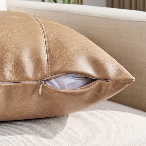 Fancy Homi 2 Packs Waterproof Faux Leather Tan Decorative Throw Pillow Covers 18x18 Inch for Outdoor Couch Bed, Taupe Modern Farmhouse Boho Home Decor, Plaid Hand Stitched Beige Cushion Case 45x45 cm - Image 3