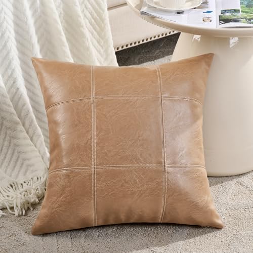 Fancy Homi 2 Packs Waterproof Faux Leather Tan Decorative Throw Pillow Covers 18x18 Inch for Outdoor Couch Bed, Taupe Modern Farmhouse Boho Home Decor, Plaid Hand Stitched Beige Cushion Case 45x45 cm - Image 2