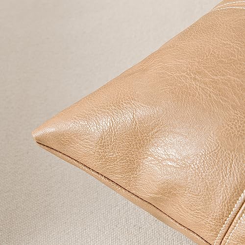 Fancy Homi 2 Packs Waterproof Faux Leather Tan Decorative Throw Pillow Covers 18x18 Inch for Outdoor Couch Bed, Taupe Modern Farmhouse Boho Home Decor, Plaid Hand Stitched Beige Cushion Case 45x45 cm - Image 4