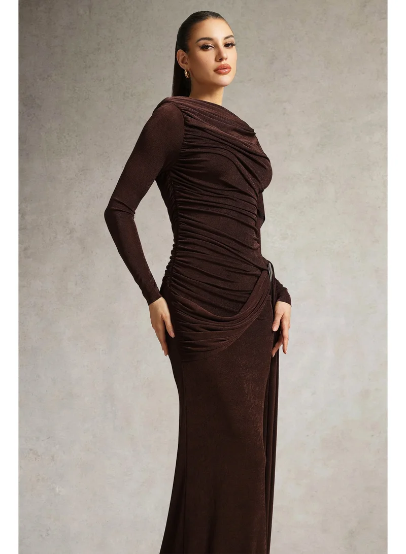 Bella Barnett Tihila Long Sleeve Ruched Brown Maxi Dress