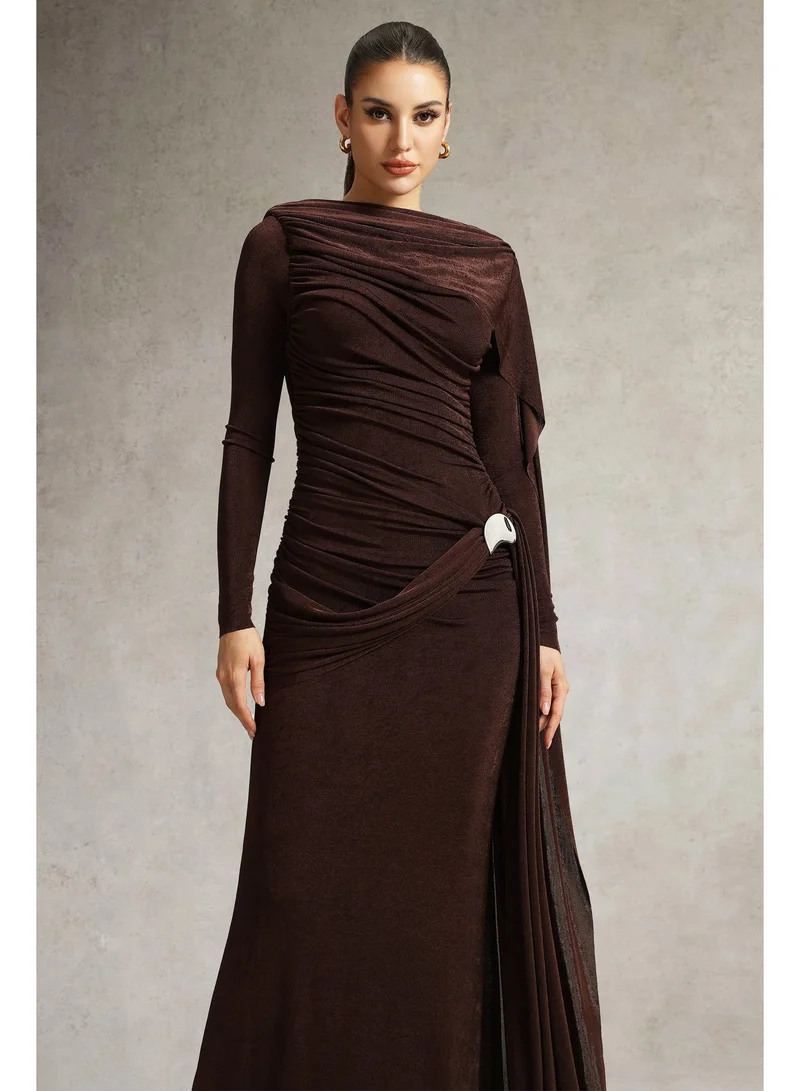 Bella Barnett Tihila Long Sleeve Ruched Brown Maxi Dress