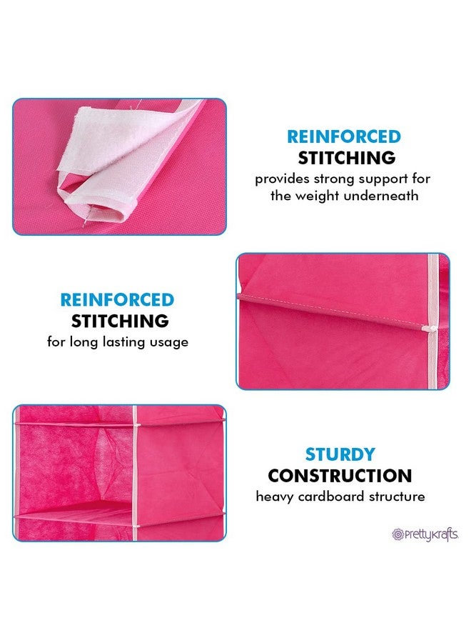 PrettyKrafts PrettyKrafts Clothes Hanging 3 Shelf Organizer, Wall Hanging Organiser, Compartment Clothes Storage Wardrobe Organizer, Non Woven Fabric + Engineered Wood Inside, Foldable Closet Organizer, Pink  - Image 4