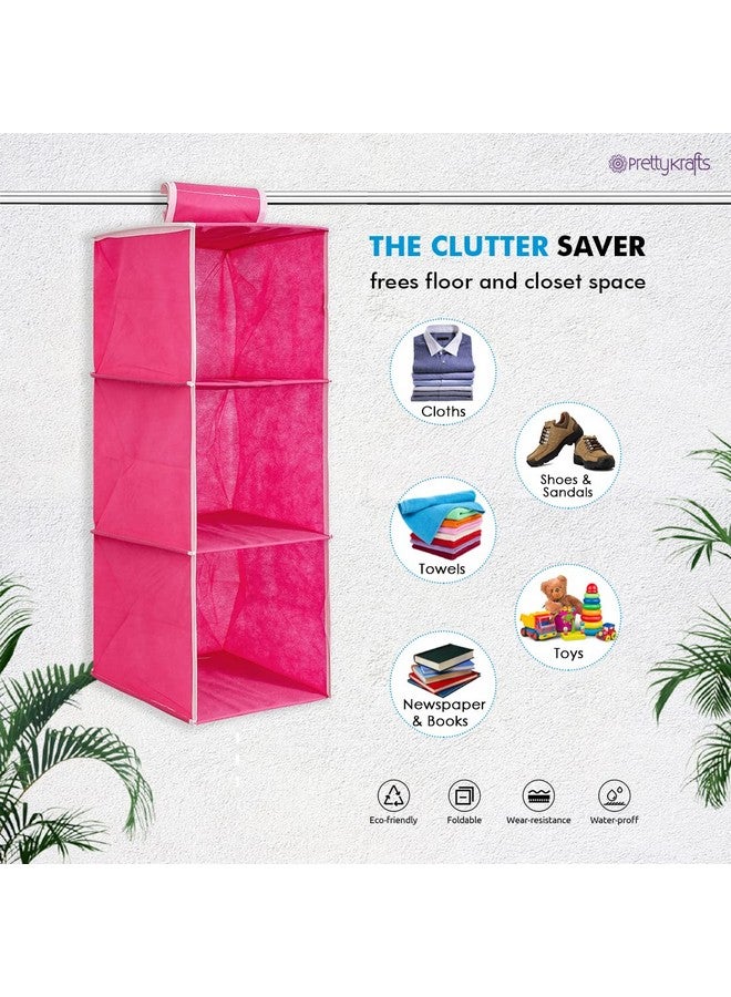 PrettyKrafts PrettyKrafts Clothes Hanging 3 Shelf Organizer, Wall Hanging Organiser, Compartment Clothes Storage Wardrobe Organizer, Non Woven Fabric + Engineered Wood Inside, Foldable Closet Organizer, Pink  - Image 2