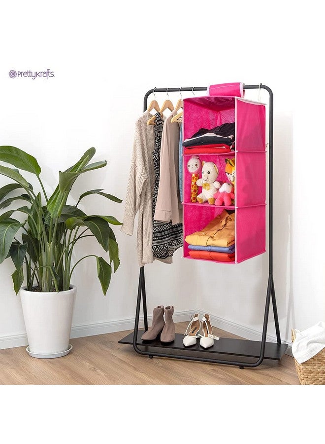 PrettyKrafts PrettyKrafts Clothes Hanging 3 Shelf Organizer, Wall Hanging Organiser, Compartment Clothes Storage Wardrobe Organizer, Non Woven Fabric + Engineered Wood Inside, Foldable Closet Organizer, Pink  - Image 5