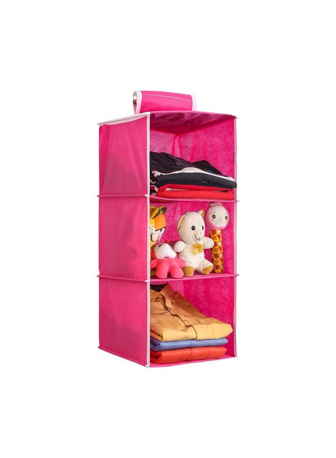 PrettyKrafts PrettyKrafts Clothes Hanging 3 Shelf Organizer, Wall Hanging Organiser, Compartment Clothes Storage Wardrobe Organizer, Non Woven Fabric + Engineered Wood Inside, Foldable Closet Organizer, Pink  - Image 1