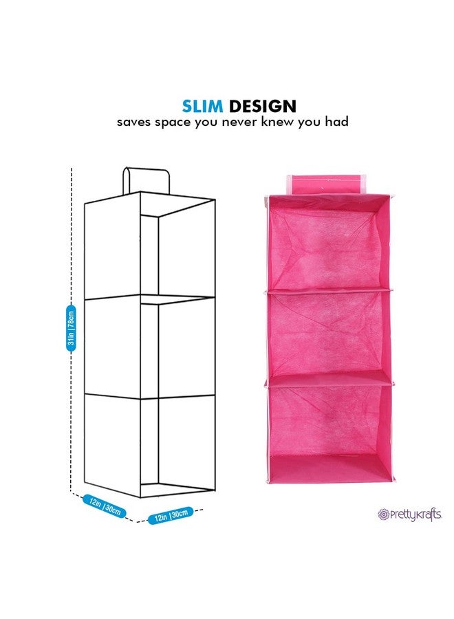 PrettyKrafts PrettyKrafts Clothes Hanging 3 Shelf Organizer, Wall Hanging Organiser, Compartment Clothes Storage Wardrobe Organizer, Non Woven Fabric + Engineered Wood Inside, Foldable Closet Organizer, Pink  - Image 3
