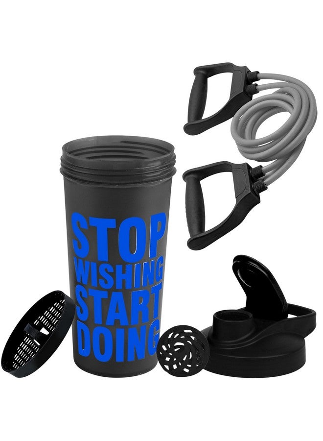 FIT FOCUS Gym Motivational Stop Wishing Start Doing Protein Shaker Bottle 700ml with ExerFFse Resistance Band, Adjustable Resistance levels to suit beginners and advanced, For Men & Women (Blue)