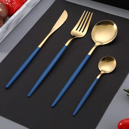 Iktu 24-Piece Stainless Steel Cutlery Set, Mirror Polished Tableware, Dishwasher Safe, Suitable for Housewarming Gift, Dining Table Decor (Blue-Gold) - Image 2