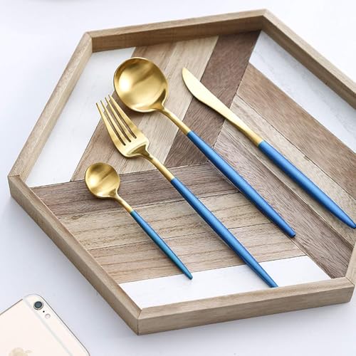 Iktu 24-Piece Stainless Steel Cutlery Set, Mirror Polished Tableware, Dishwasher Safe, Suitable for Housewarming Gift, Dining Table Decor (Blue-Gold) - Image 3
