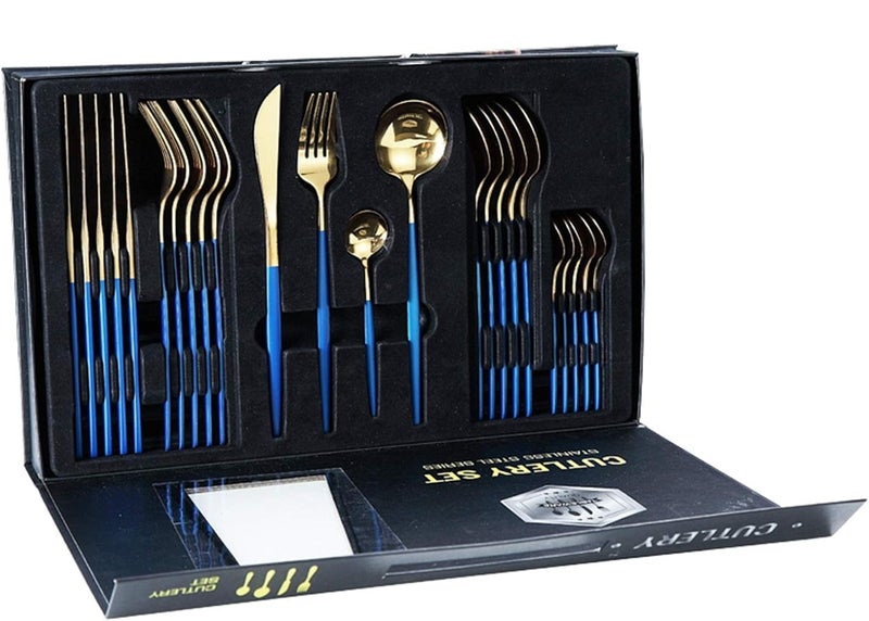 Iktu 24-Piece Stainless Steel Cutlery Set, Mirror Polished Tableware, Dishwasher Safe, Suitable for Housewarming Gift, Dining Table Decor (Blue-Gold) - Image 1