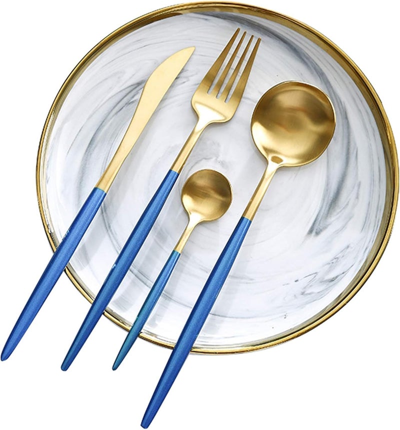Iktu 24-Piece Stainless Steel Cutlery Set, Mirror Polished Tableware, Dishwasher Safe, Suitable for Housewarming Gift, Dining Table Decor (Blue-Gold) - Image 4
